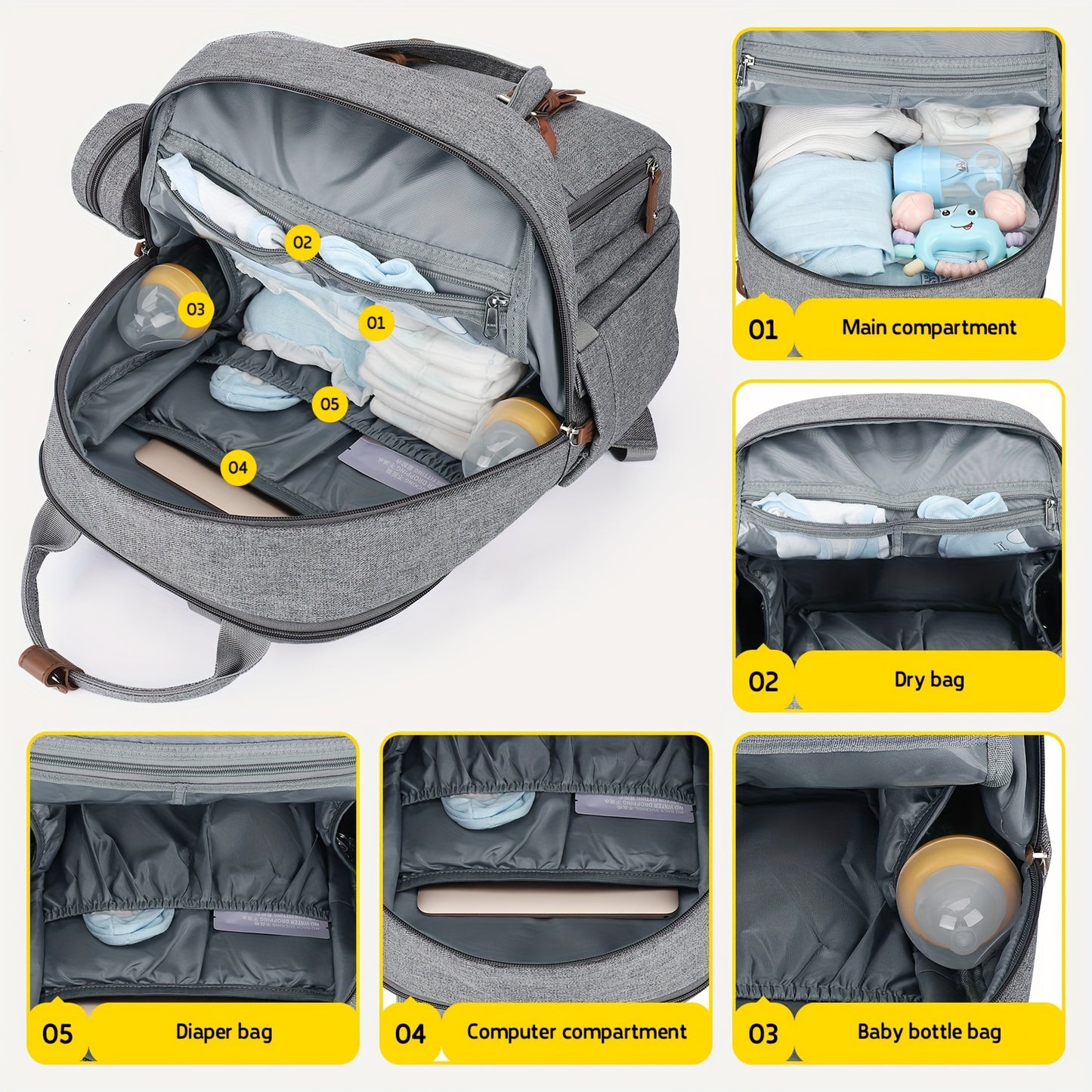 Expandable Diaper Backpack for Moms and Dads with Changing Pad and Stroller Straps Grey