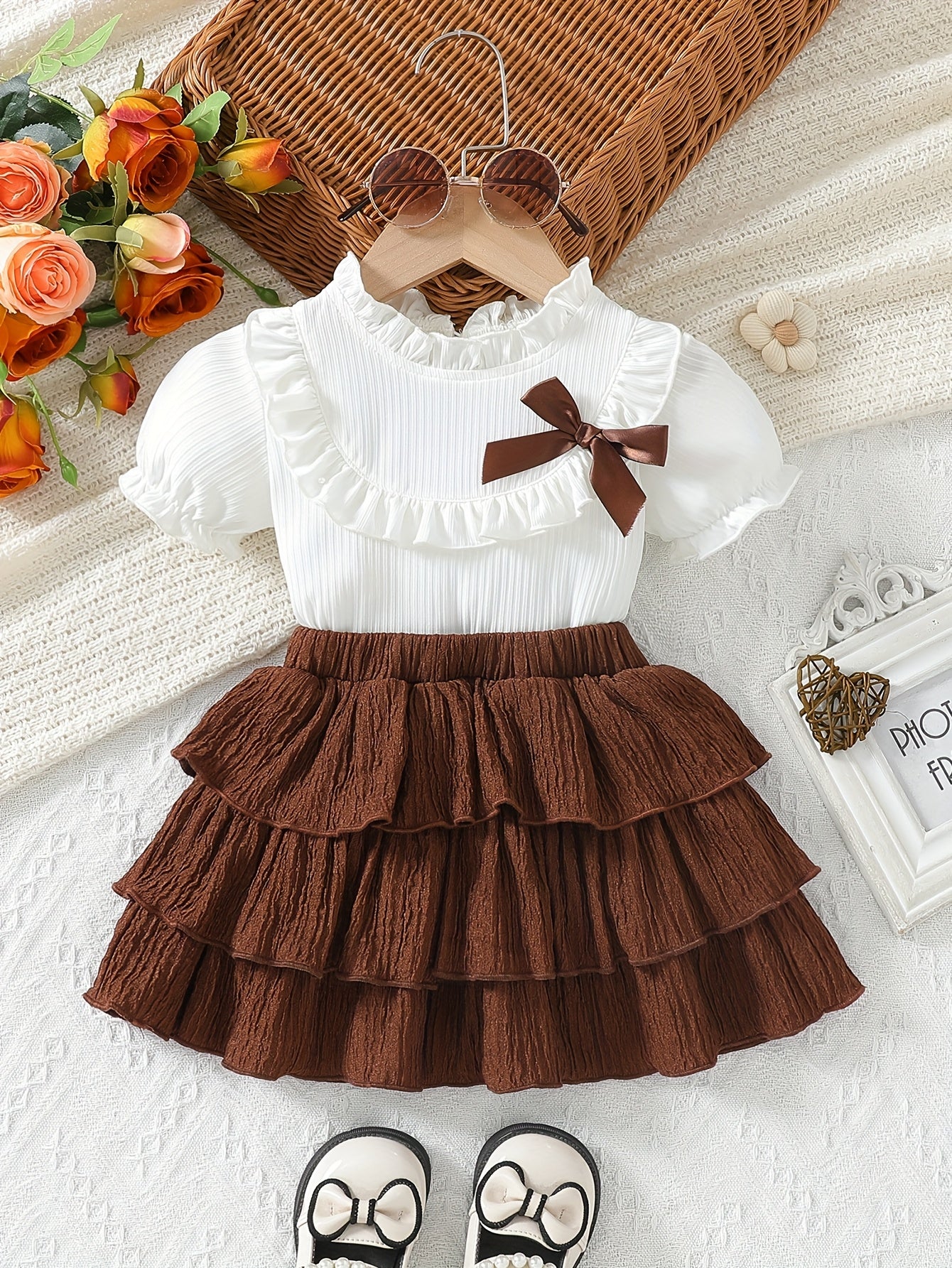Sweet Short - Sleeved Ruffled Top In White Ribbed Fabric For Girls + Brown Pleated Short Skirt, for Outdoor