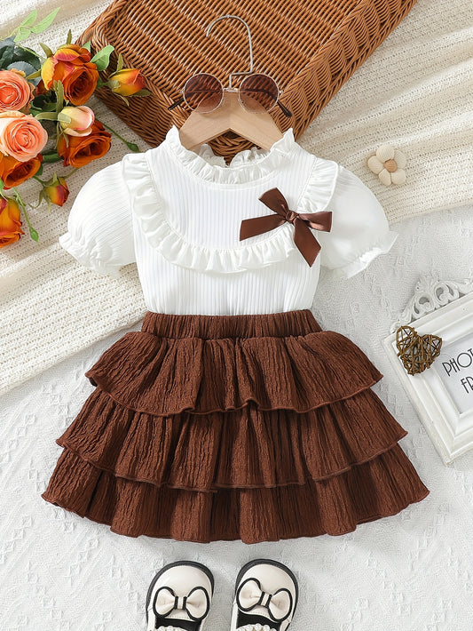 Sweet Short - Sleeved Ruffled Top In White Ribbed Fabric For Girls + Brown Pleated Short Skirt, for Outdoor