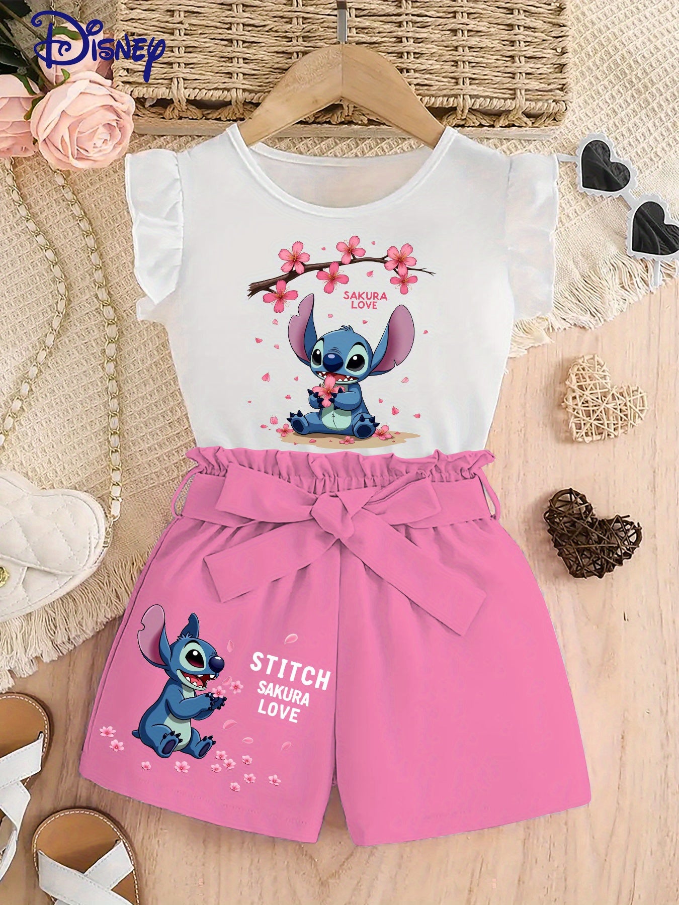 Disney Stitch Girls 2pcs Set, Floral Print Top and Belted Shorts, Perfect for Summer Kids' Party Outdoors Activities