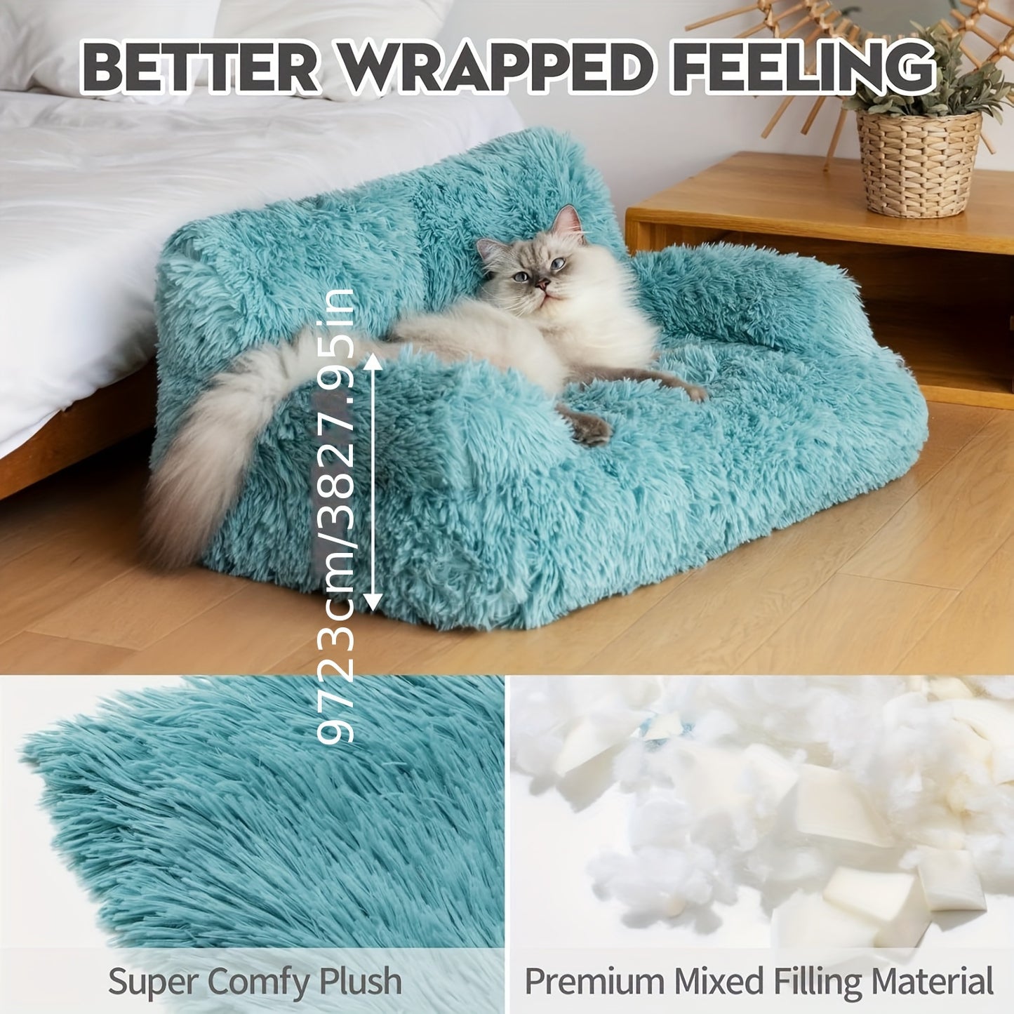 MewooFan Plush Cat Sofa Bed for Cats and Small Dogs Soft Blue Indoor Comfort