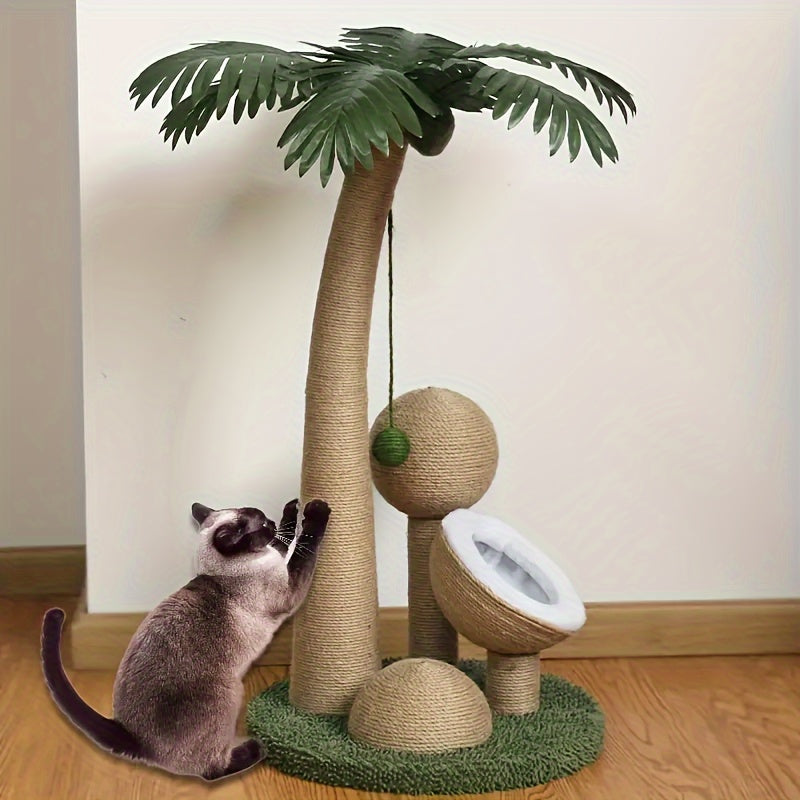 Tropical Palm Tree Cat Tower with Cozy Cat House and Sisal Rope Scratching Post