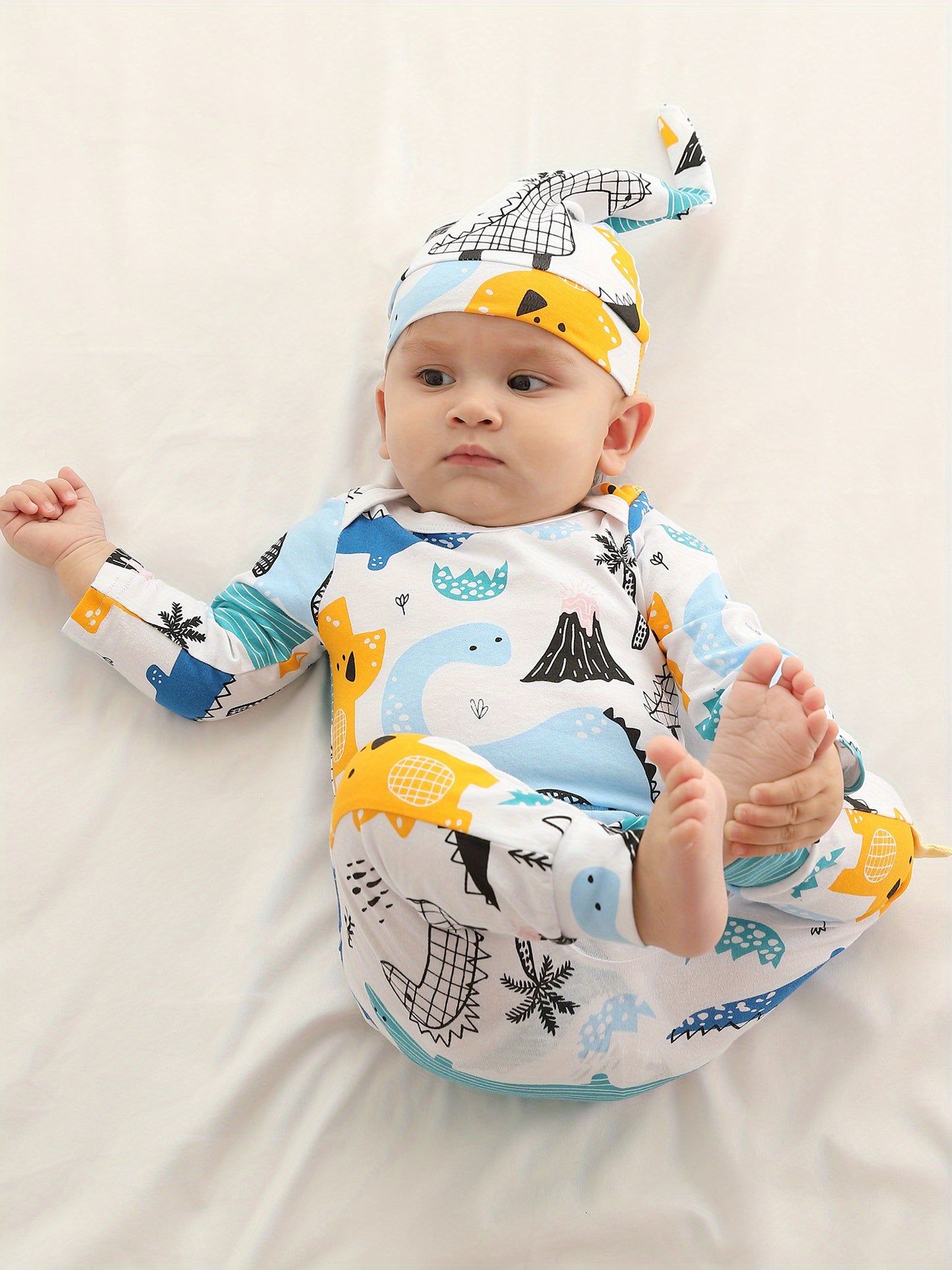 KuKitty Newborn Baby Boy 3pc Cotton Long Sleeve Romper Top Pant Hat Dinosaur Outfit Set