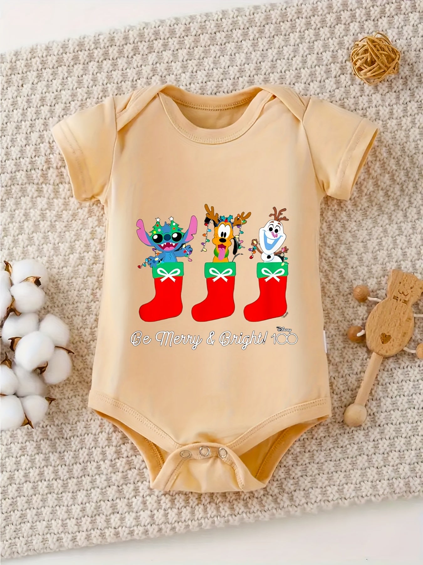 Disney Stitch Pluto Olaf Christmas Be Merry Bright 100 Percent Cotton Short Sleeve Romper