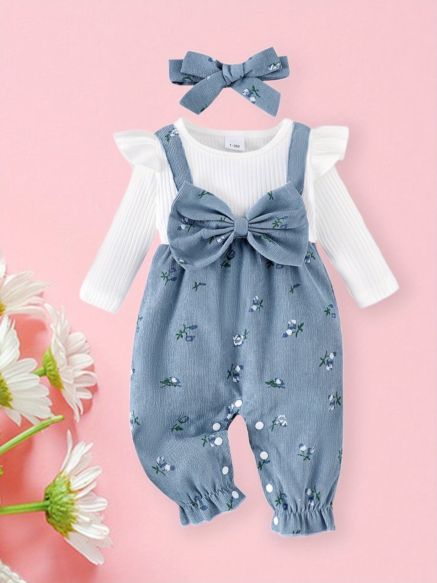 Floral Print Baby Romper Set Two Piece With Bow Headband