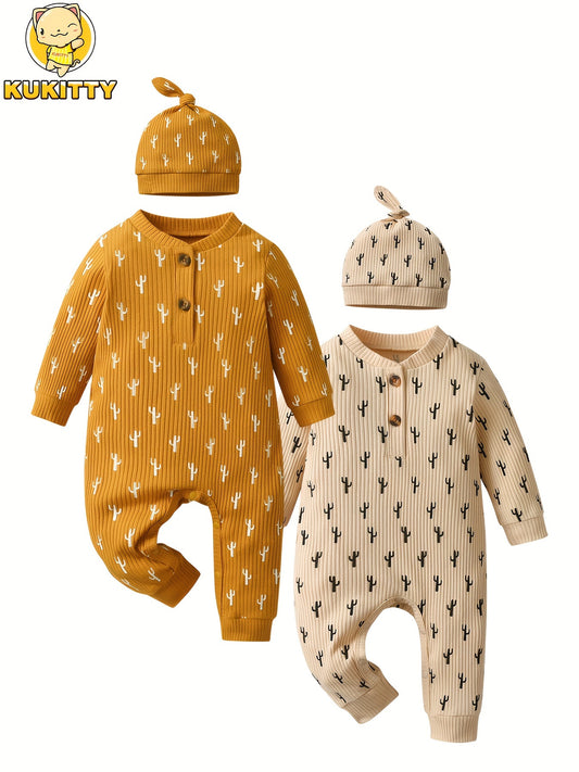 KuKitty 2 Pack Newborn Baby Boy Romper Long Sleeve Ribbed Cactus Printed Jumpsuit With Hat, for Outdoor