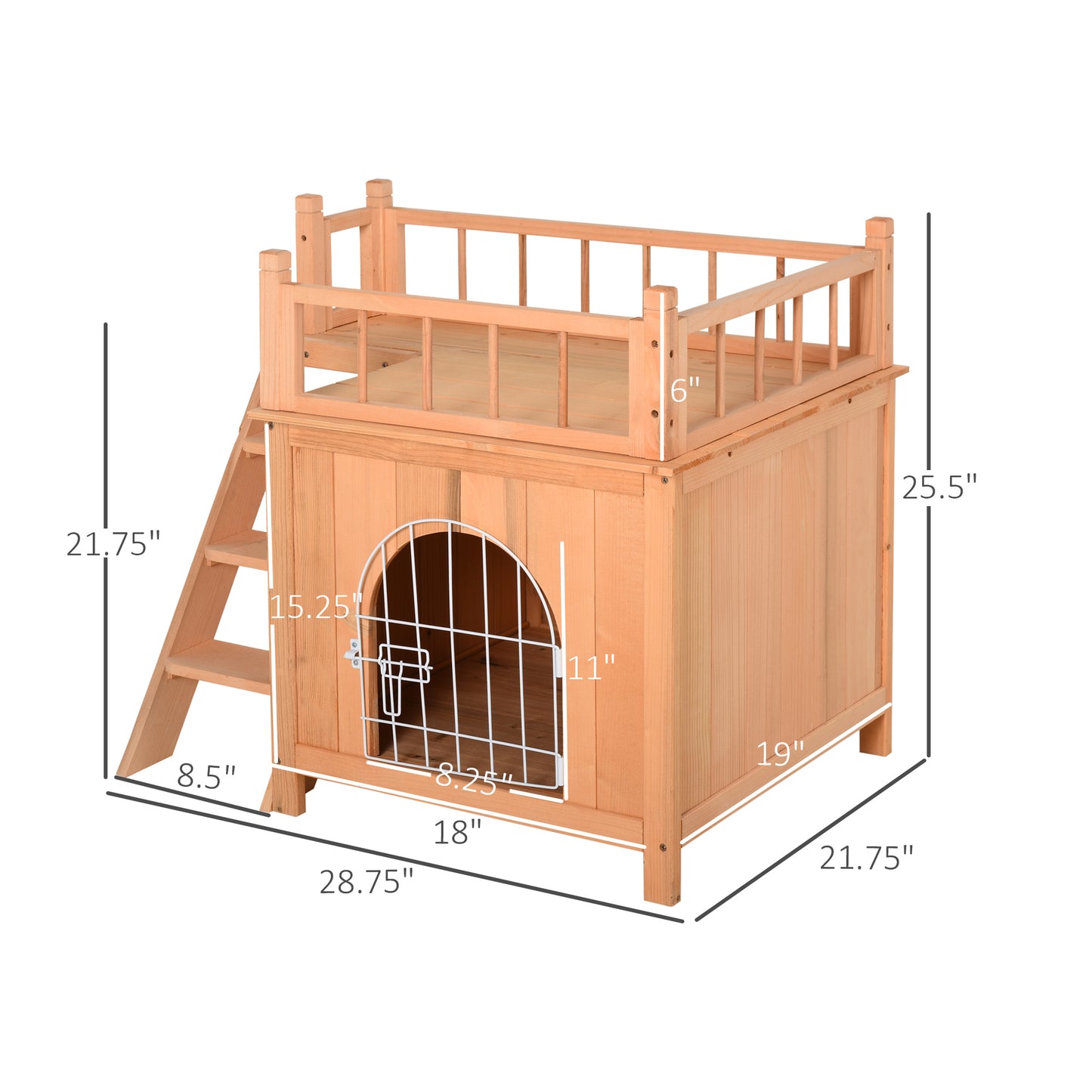 PawHut 2-Level Wooden Cat House Outdoor Dog Shelter with Lockable Door and Balcony
