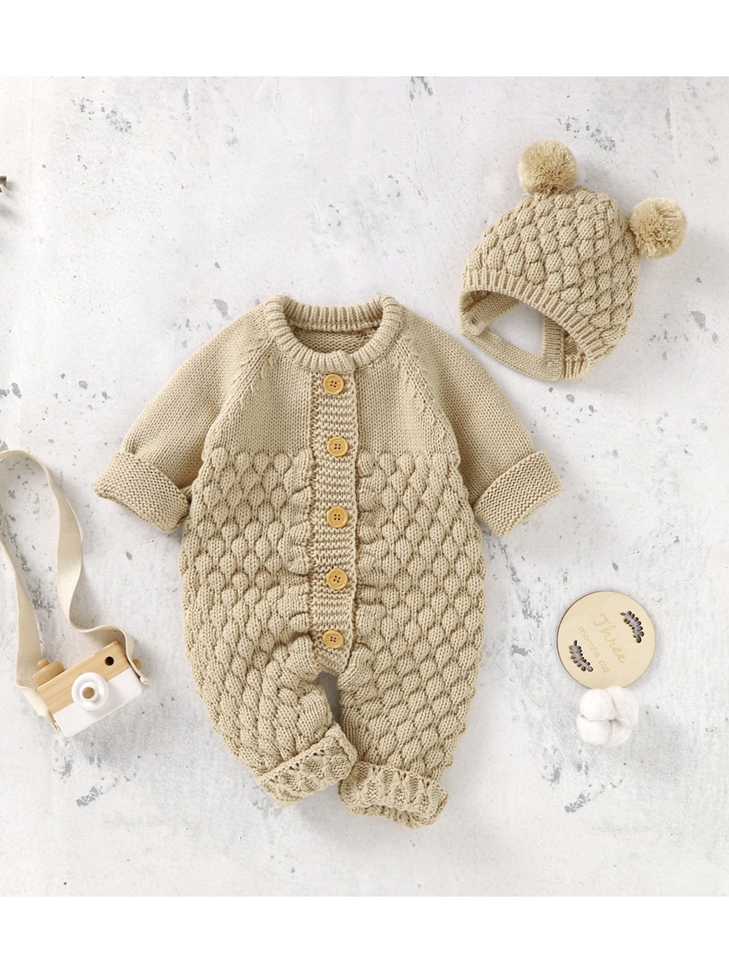 Infant Baby Winter Knit Romper Bear Hat 2pc Set Long Sleeve