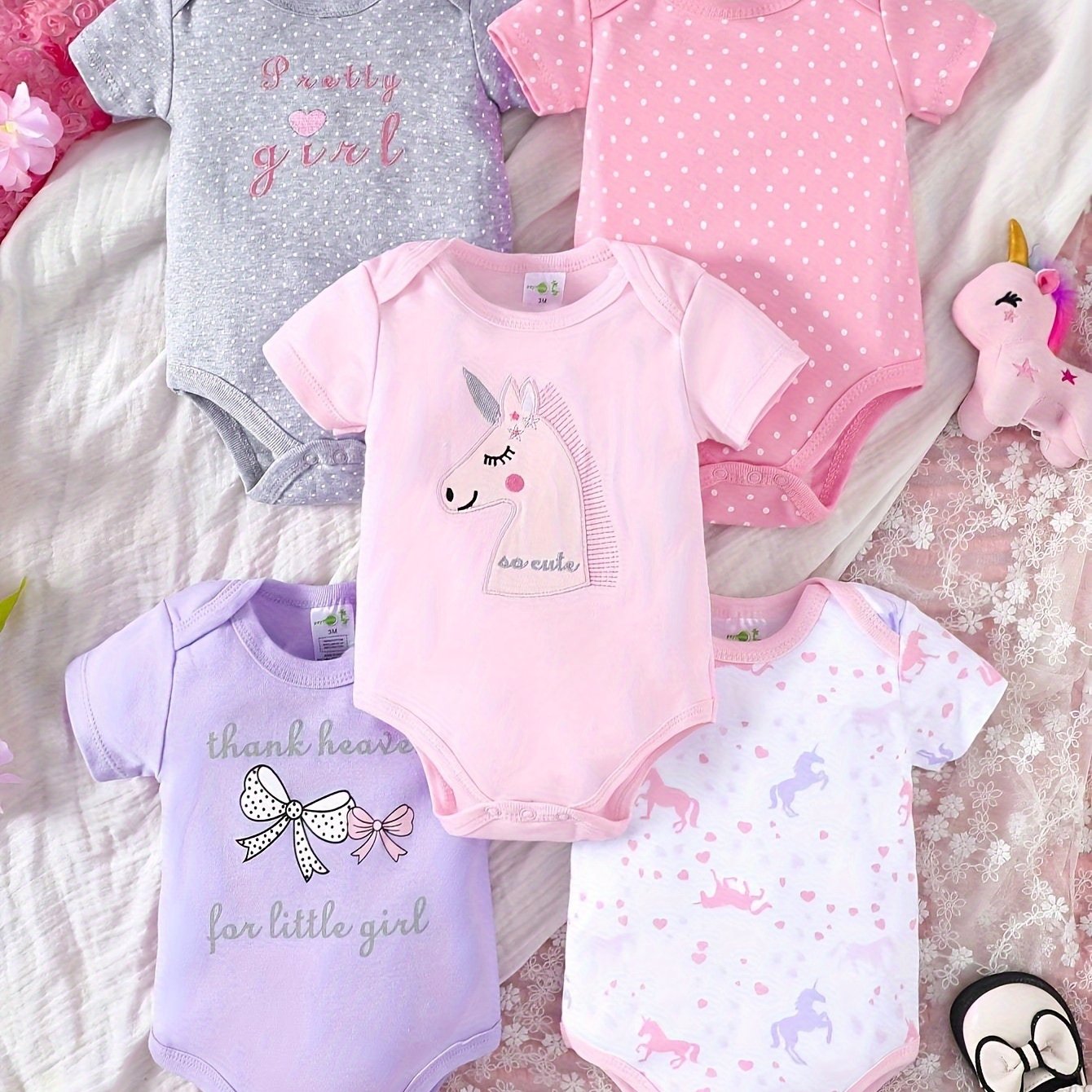 [5pcs Unicorn Romper] 5pcs Adorable Cotton Baby Girl Romper Set - Short Sleeve, Machine Washable, Perfect for All Seasons, Outdoor