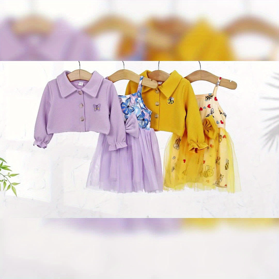 Toddler Girl Butterfly Outfit Set With Bee Sleeveless Suspenders Dress And Cardigan