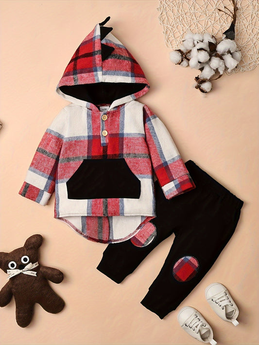Toddler Boy Plaid Dinosaur Hoodie and Pants Set for Fall and Winter Ages 6 Months to 5 Years
