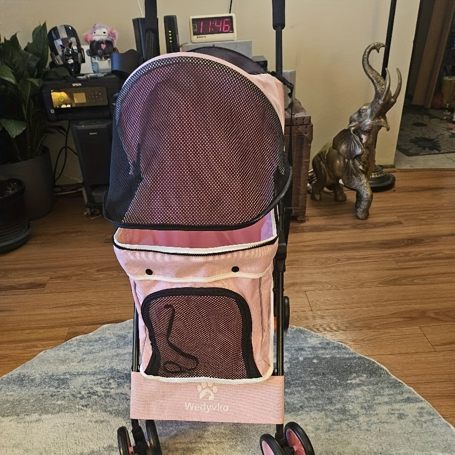Easy-Fold Pink Pet Stroller for Small Dogs & Cats - 33 LBS Capacity, Breathable Mesh Panels, Safety Leashes, Cup Holder & Storage Basket, Smooth 4-Wheel Design with Secure Canopy, Dog Stroller
