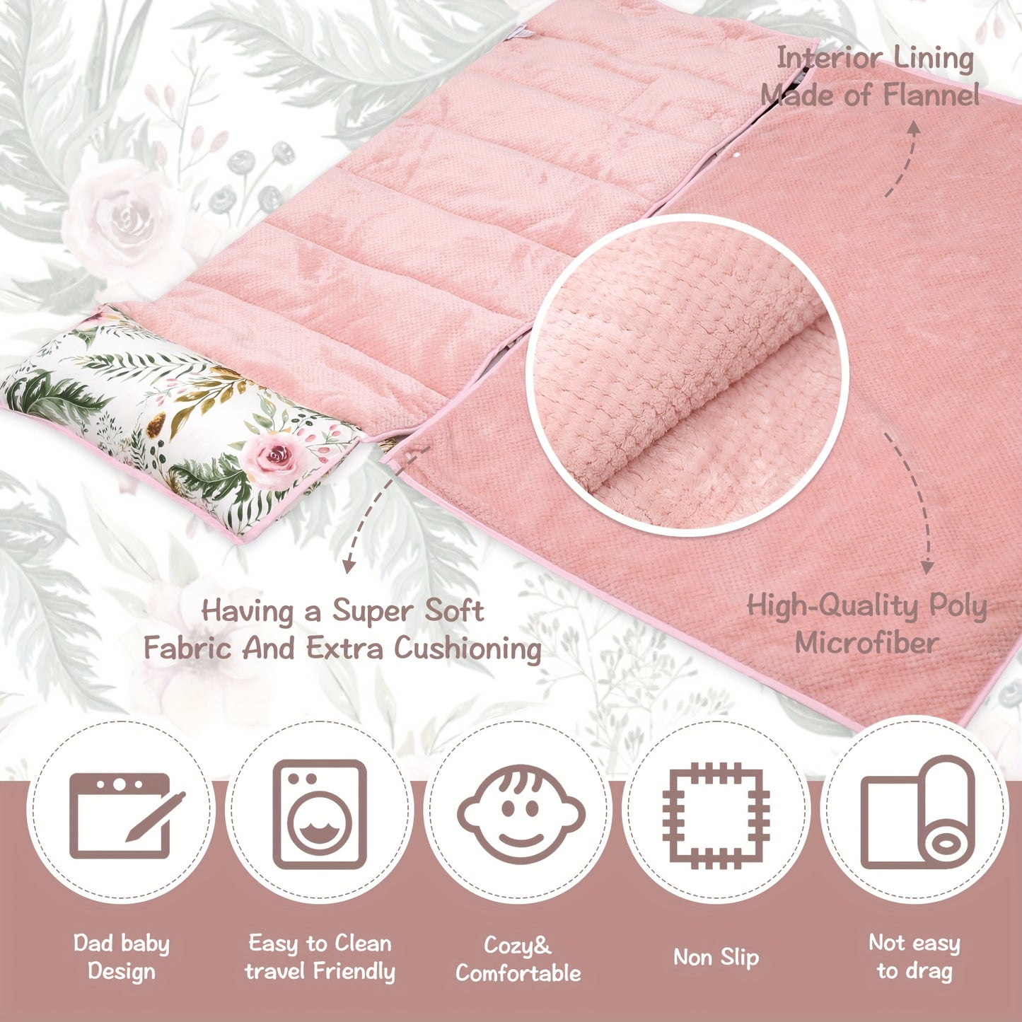 Floral Print Nap Mat for Kids with Roll-Up Design Soft and Washable Perfect for Travel