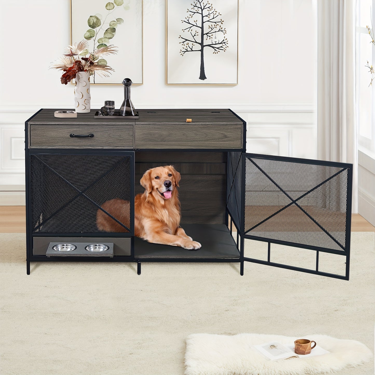 Large Dog Crate Furniture 47 Inch Wooden Kennel Indoor End Table with Drawer and Bowls