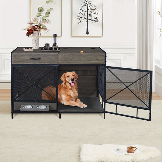 Large Dog Crate Furniture 47 Inch Wooden Kennel Indoor End Table with Drawer and Bowls