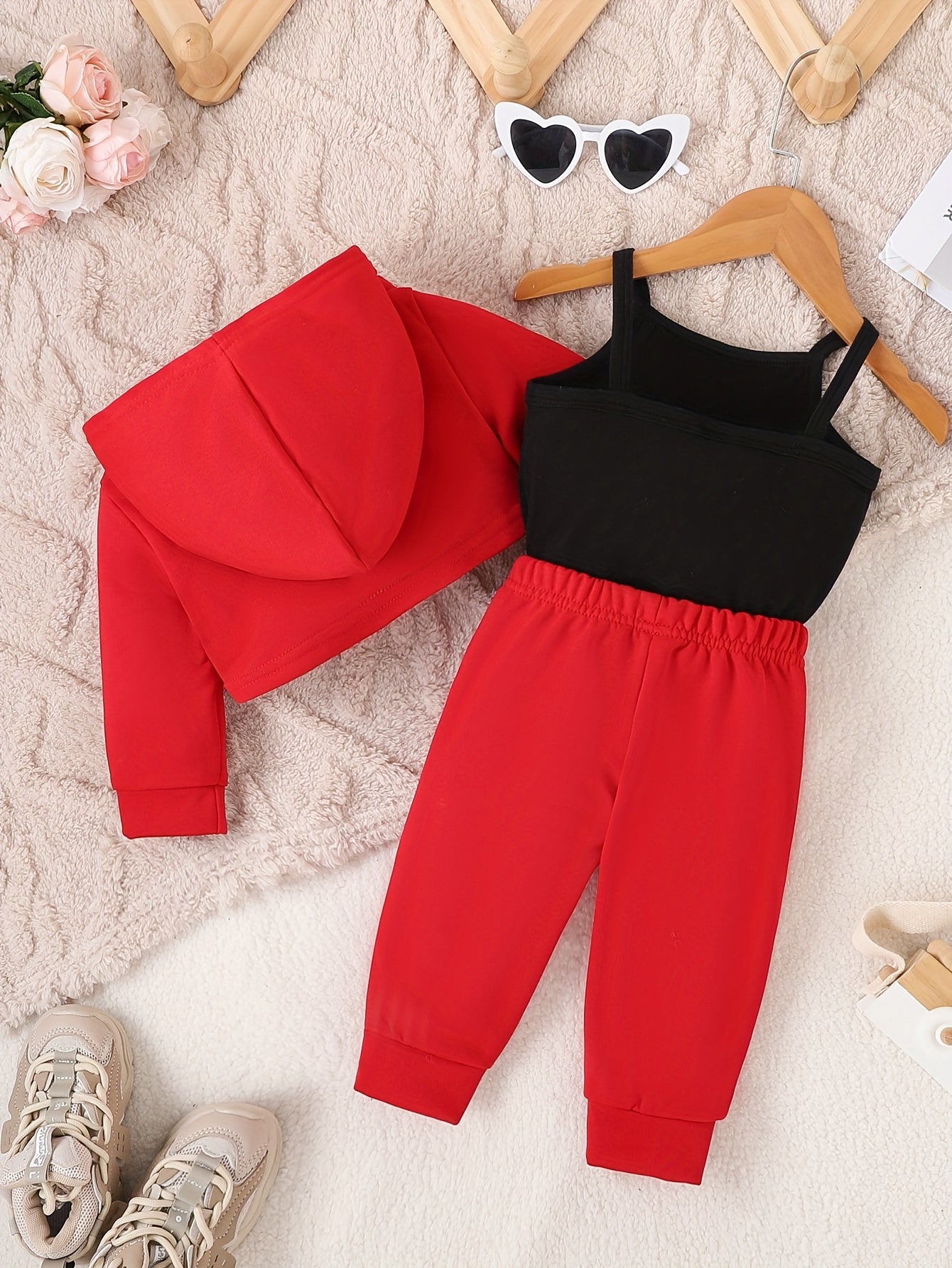 3PCS Baby Girl's Daddy's Mini Print Hoodie Cami Top Casual Pants Outdoor Set for Fall Winter