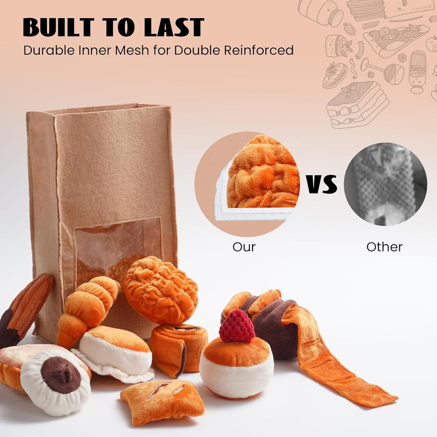 Nocciola 10 Piece Plush Bread Dog Toys Set with Crinkle Squeakers for Small Dogs