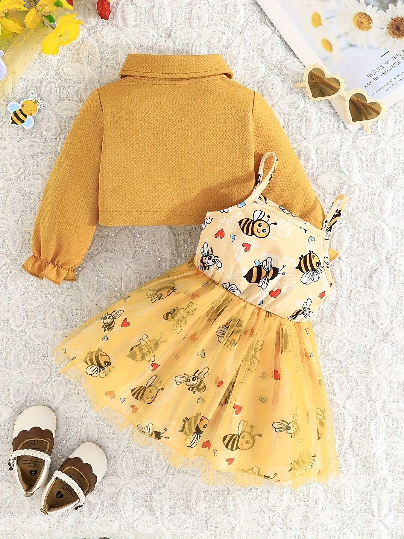 Toddler Girl Butterfly Outfit Set With Bee Sleeveless Suspenders Dress And Cardigan