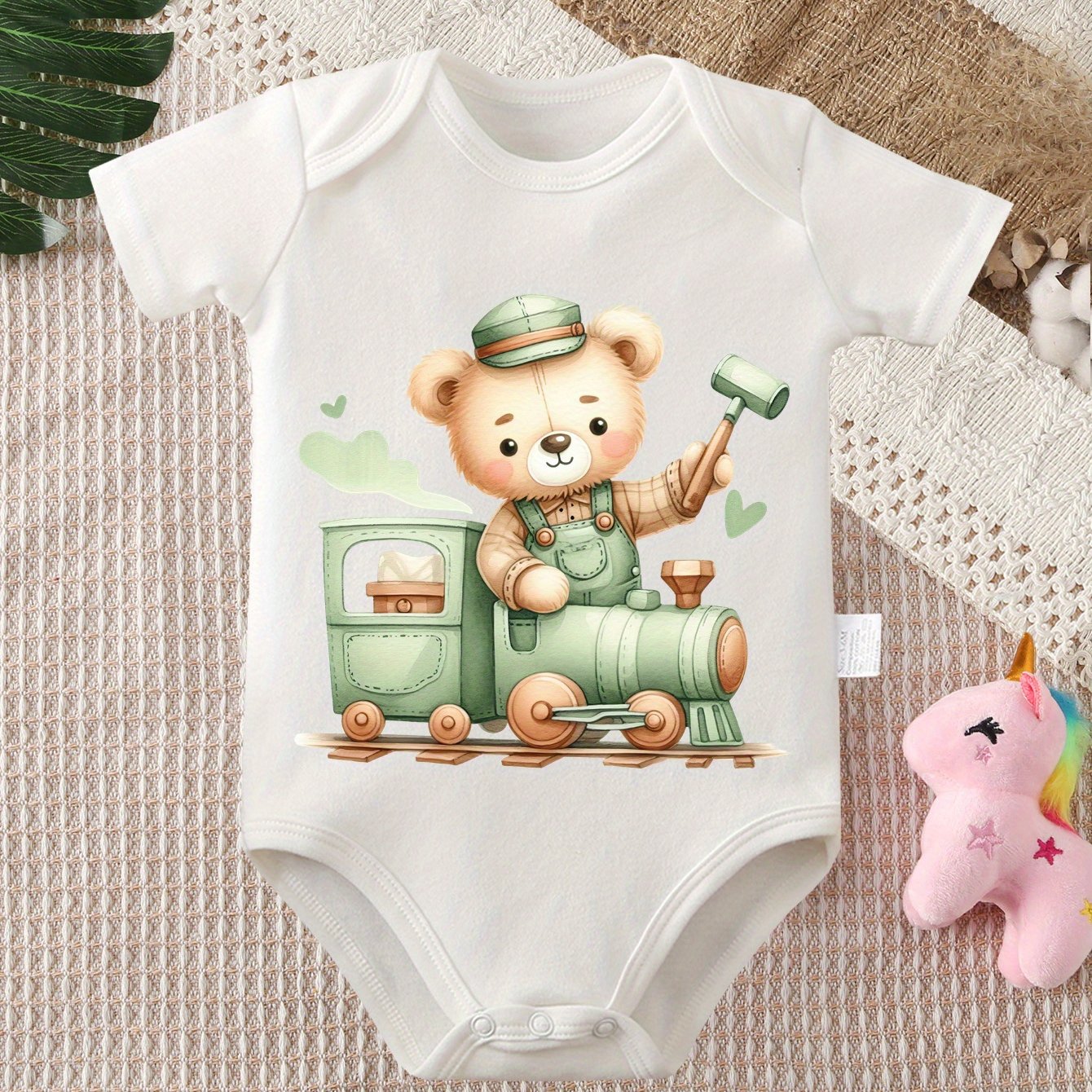 Cute Cartoon Bear Print Short Sleeve Romper for Babies 0-12 Months Soft Cotton Unisex