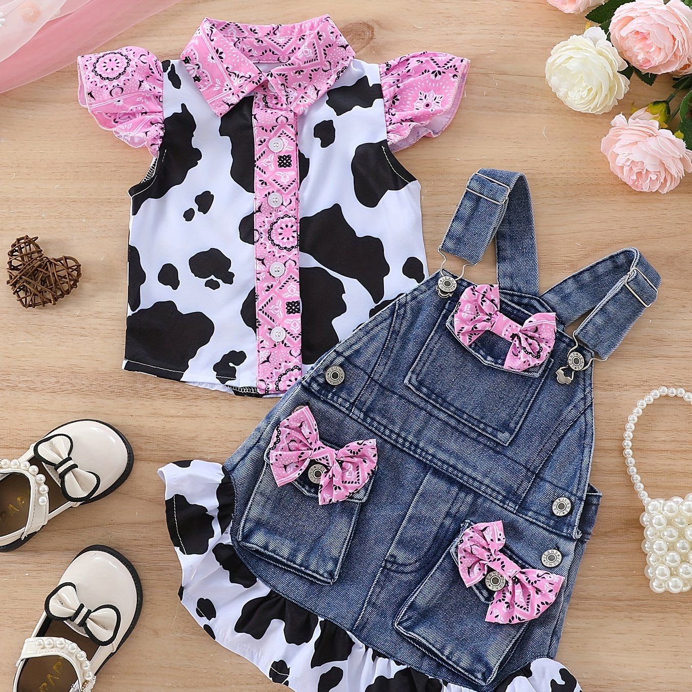 Adorable Girls' Cow Print Ruffle Sleeve Top & Denim Pocket Skirt Set - Machine Washable, Spring/Summer Collection, Children's Set, Cow Print, Leaf Edge, Denim Skirt, Perfect for Outdoor