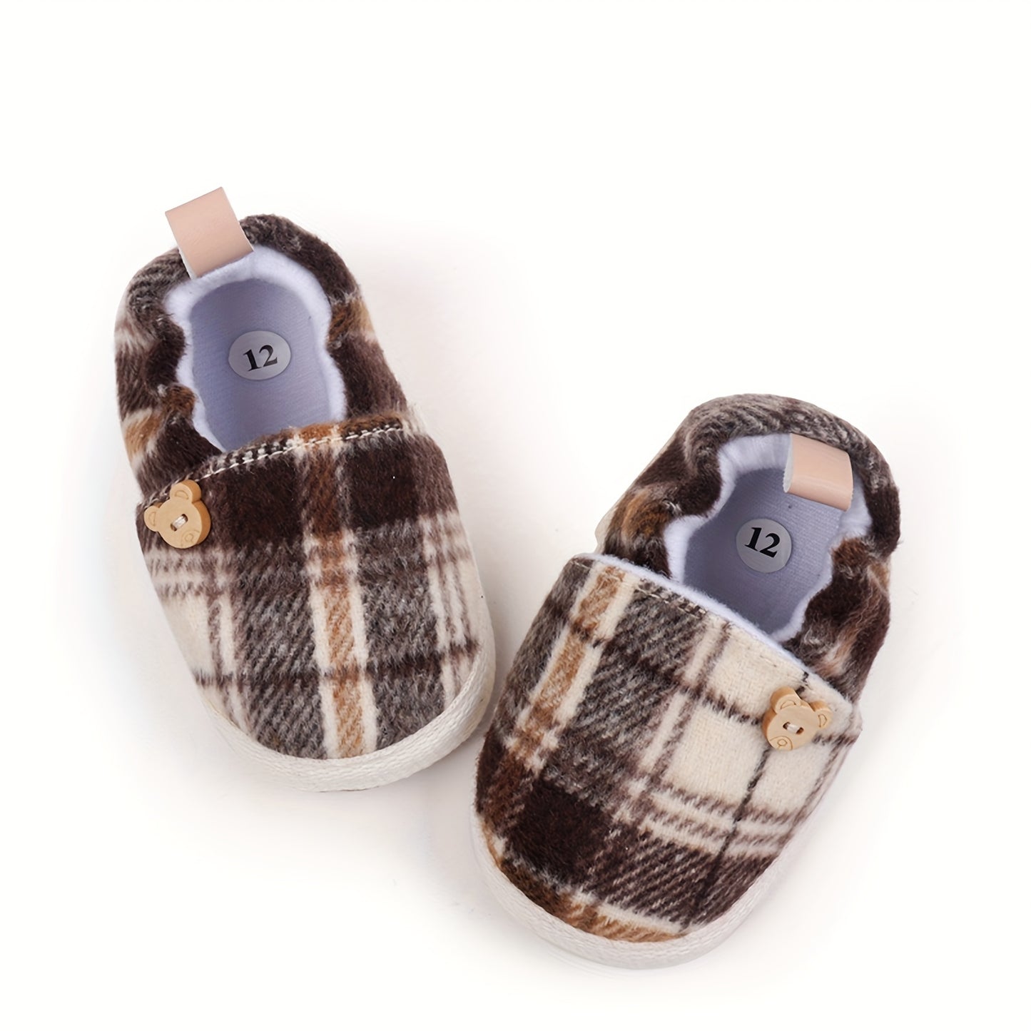 Baby First Walking Shoes - Soft Fabric Slip-On Sneakers with Striped & Plaid Patterns, Easy Snap Closure, Lightweight Crib Shoes for Infant Boys & Girls, All-Season Casual Shoes with Bear Button & Cushioned Insole, Baby Shoes