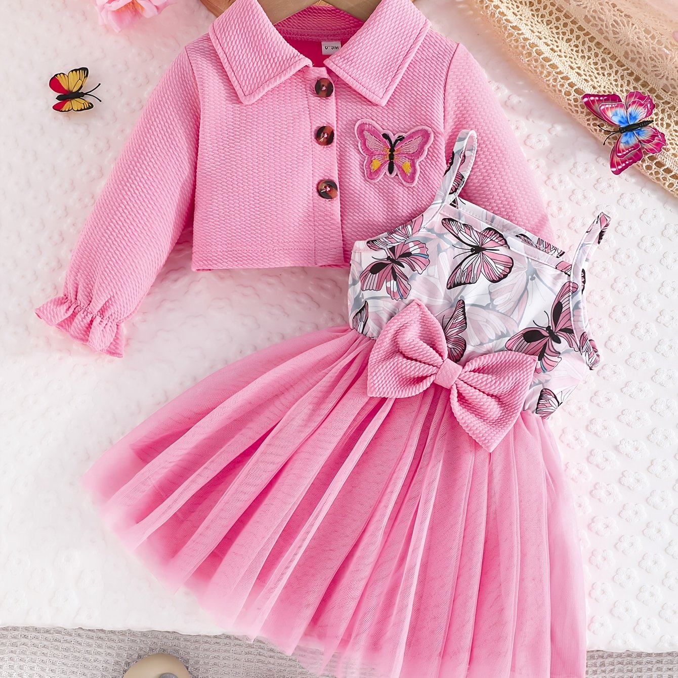 Toddler Girl Butterfly Outfit Set With Bee Sleeveless Suspenders Dress And Cardigan