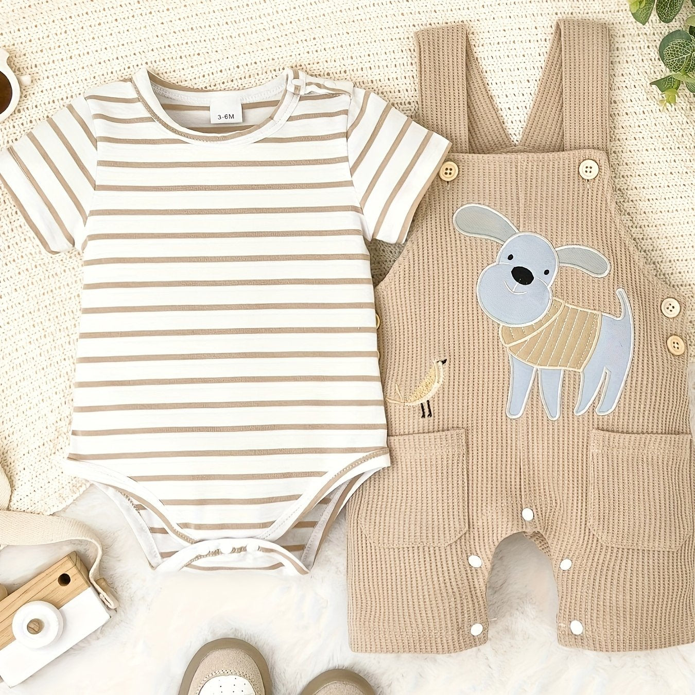 Baby Boy Summer Outfit Striped Romper with Cute Cartoon Dog Overall Pants Set 0-18 Months