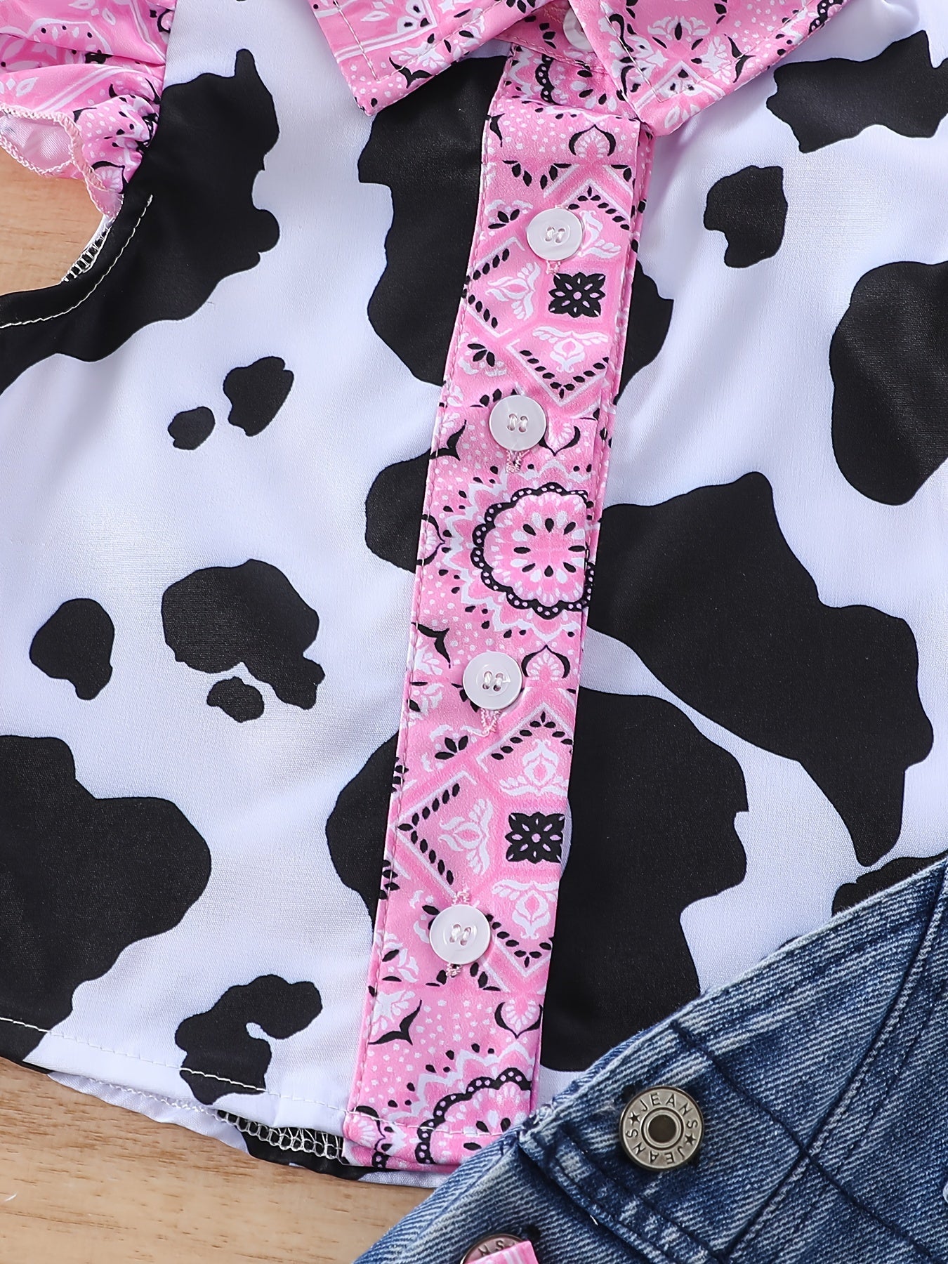 Adorable Girls' Cow Print Ruffle Sleeve Top & Denim Pocket Skirt Set - Machine Washable, Spring/Summer Collection, Children's Set, Cow Print, Leaf Edge, Denim Skirt, Perfect for Outdoor
