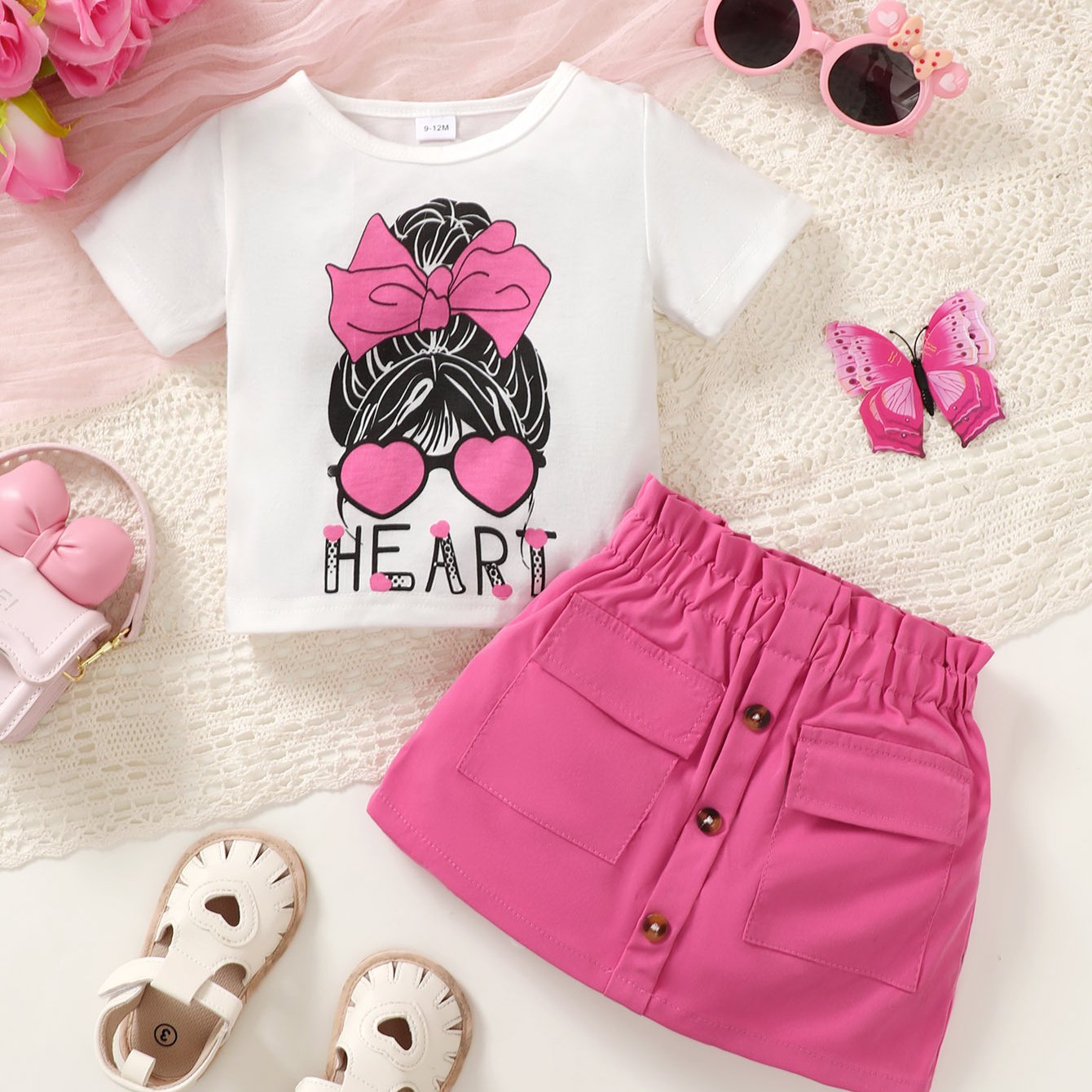 Sweet Cartoon Print Tee and Pencil Skirt 2pcs Set - Cotton Blend, Regular Fit, Casual Style for 12 and Under - Perfect Spring/Summer/Fall Outdoor Ensemble