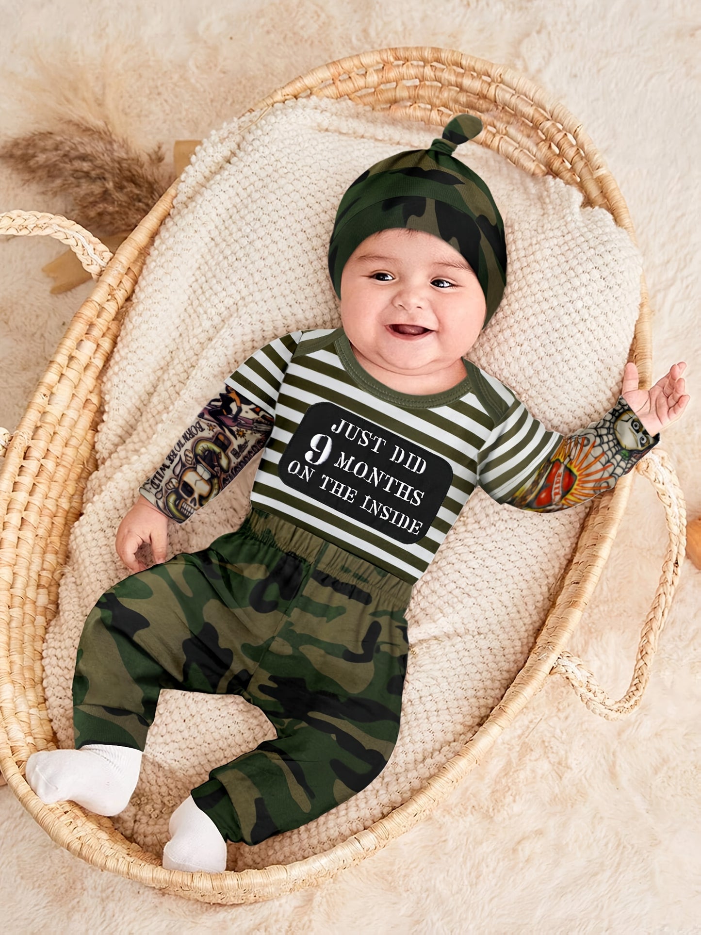 Newborn Baby Boy Tattoo Print Striped Romper Set With Black Pants Three Piece Outfit