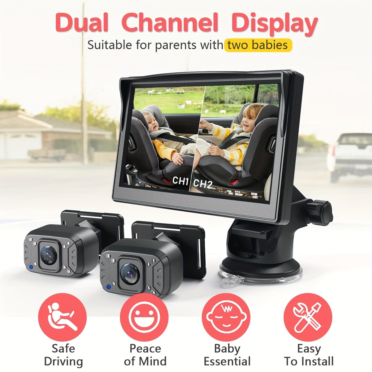 Baby Car Camera Dual Channel 5 Inch Display 1080P Clear Night Vision for Rear Facing Seat