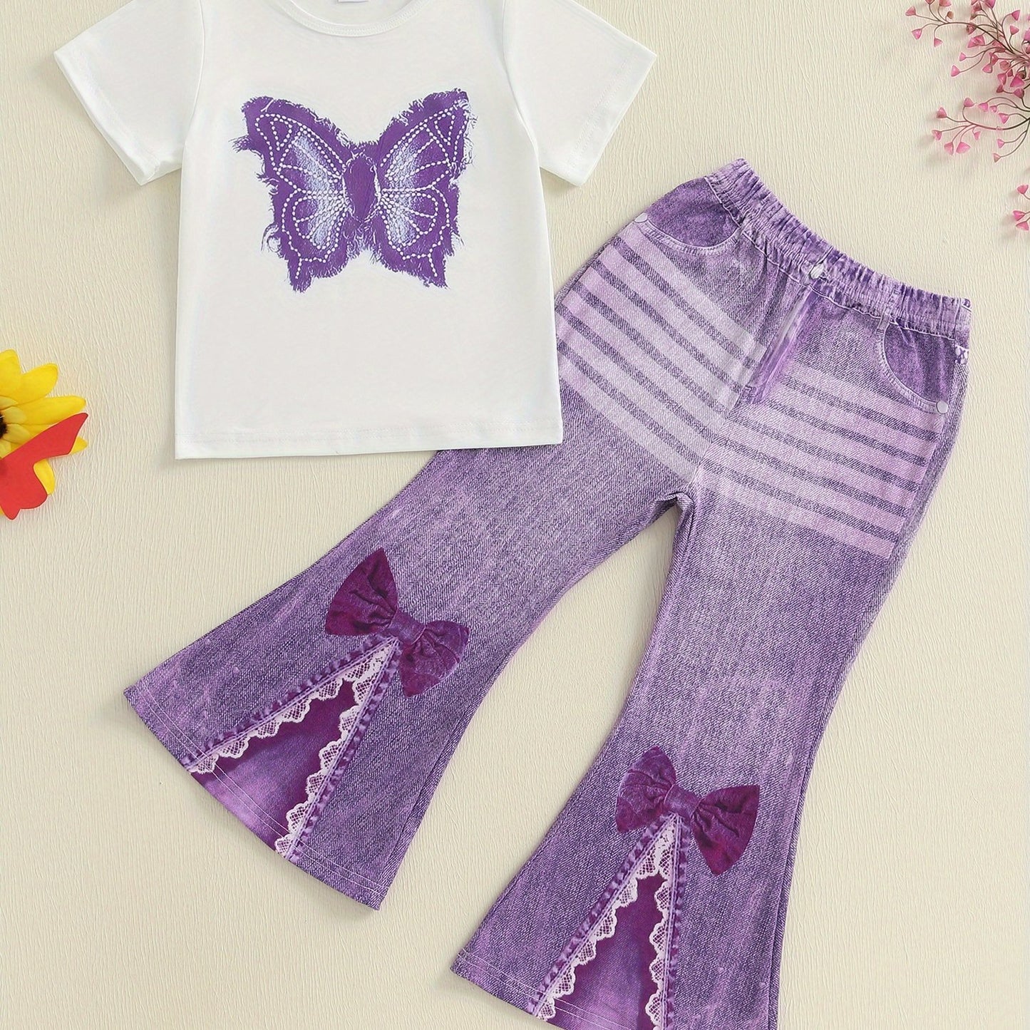 Little Toddler Girl Summer Outfit Butterfly Pattern Crew Neck Short Sleeve T-Shirt and Denim Bell Bottoms 2pcs Set, Perfect for Outdoor