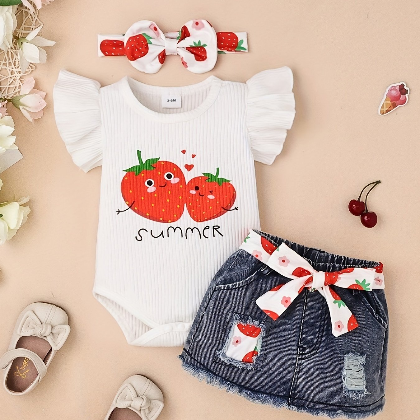 Baby Girl Clothes Strawberry Printed Fly Sleeve Top+Denim Skirt+Head Knot Three -Piece Set with 0 - 18Months, for Outdoor