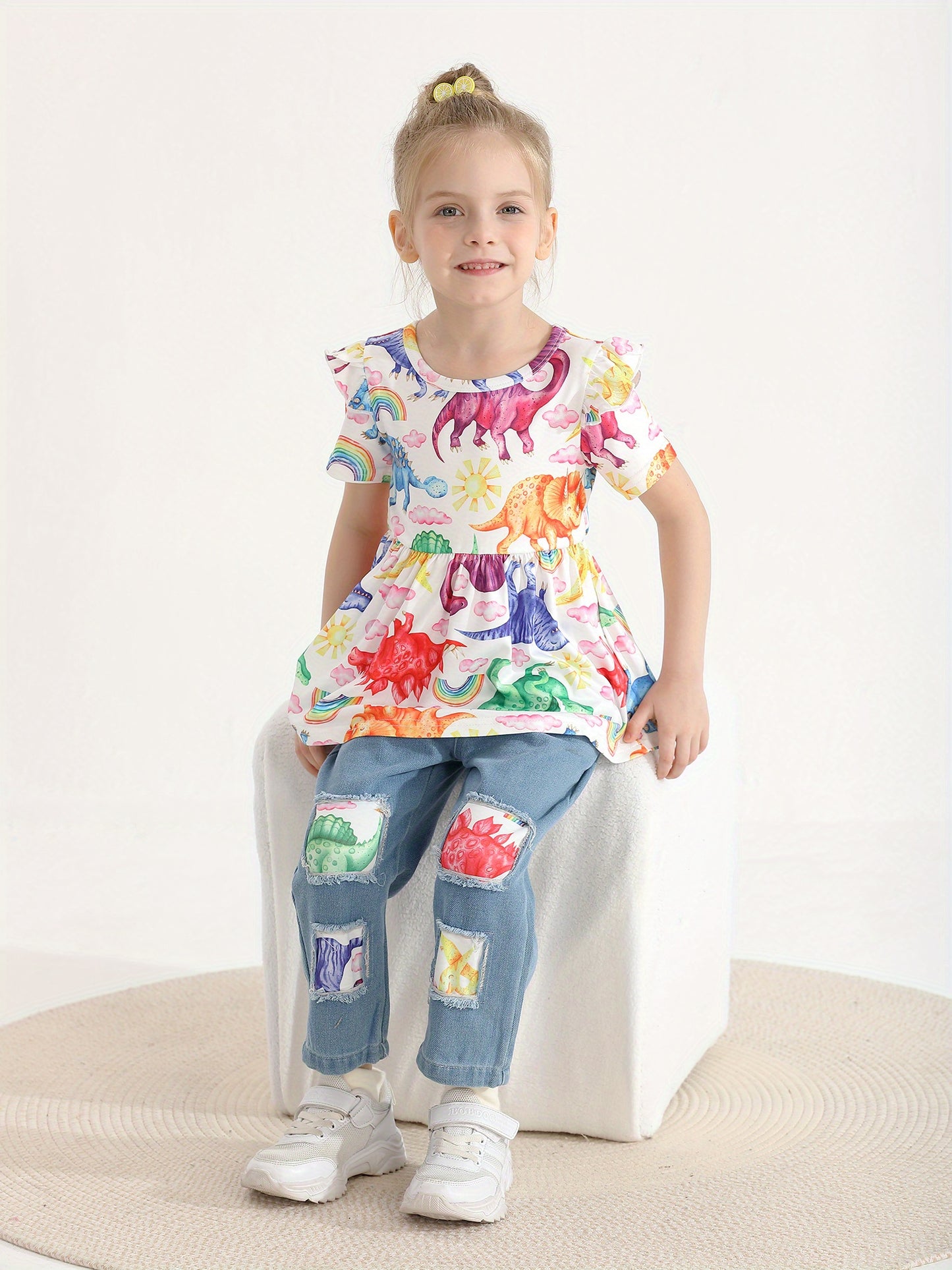 Summer Toddler Kids Baby Girls Clothes Set Cartoon Dinosaur Print Children Girl Short Sleeve Tops and Jeans Pants Children Clothing Outfits, Perfect for Outdoor