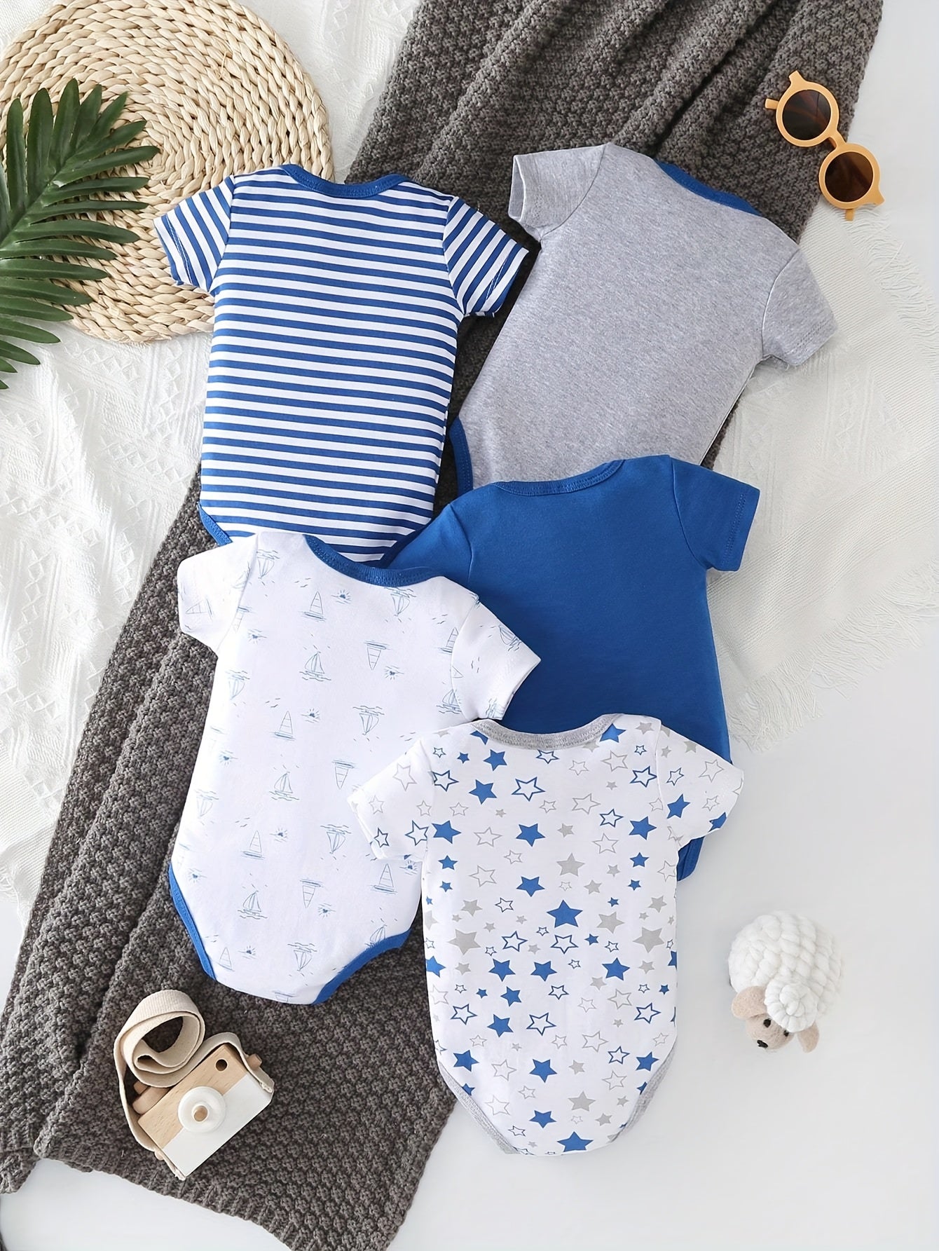 5pcs Set Of Baby Boys' Short Sleeved Cartoon Triangle Jumpsuit, Ha Yi, Baby Boys' Ocean Boat Anchor Casual Crawling Suit, for Outdoor