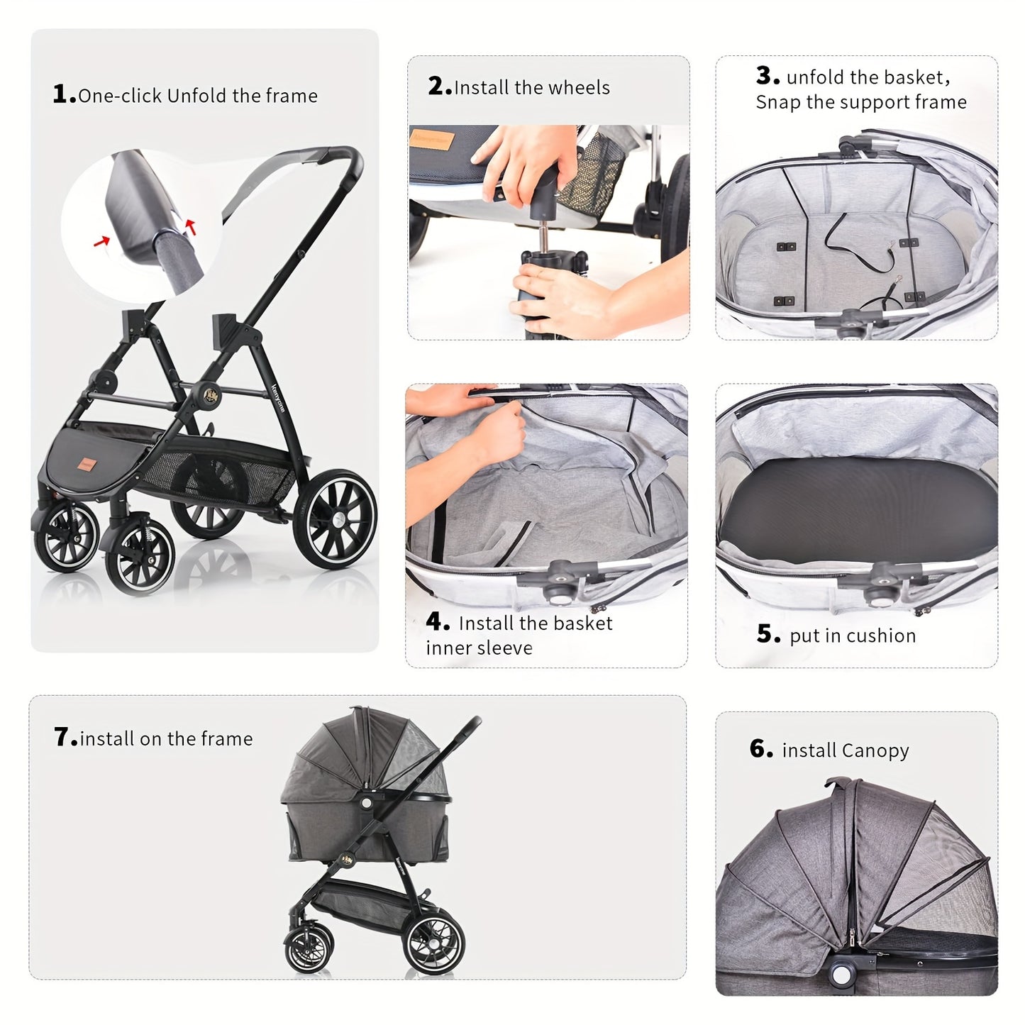 Kenyone Pet Stroller C510 Gray - 3 in 1 Dog Stroller for Medium Small Dogs, Large Cat Stroller with Detachable Carrier for Puppies, Doggies, Kitties, Bunnies - Durable & Lightweight - Suitable for Outdoor Walks & Travel - Ide