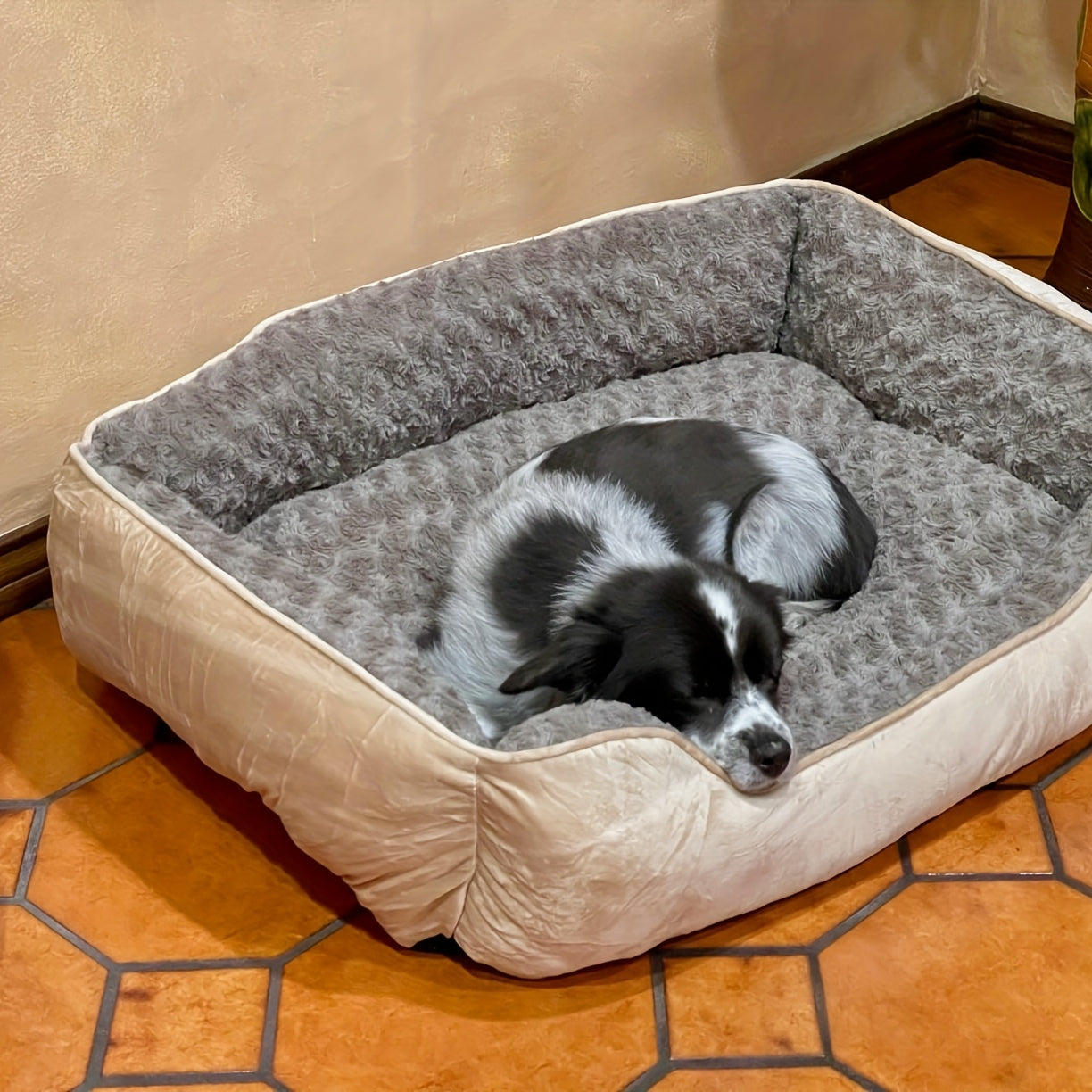 Cozy Khaki Plush Dog Bed with Non Slip Bottom Machine Washable Breathable Design
