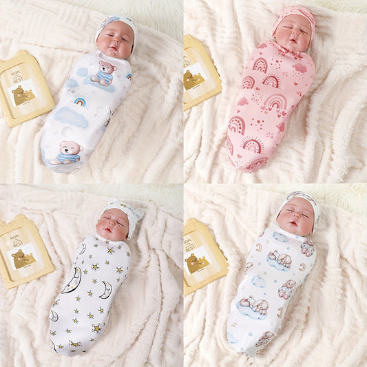 Mommbaby Newborn Thin Swaddle and Hat Cute Cartoon Design Comfortable Sleeping Bag