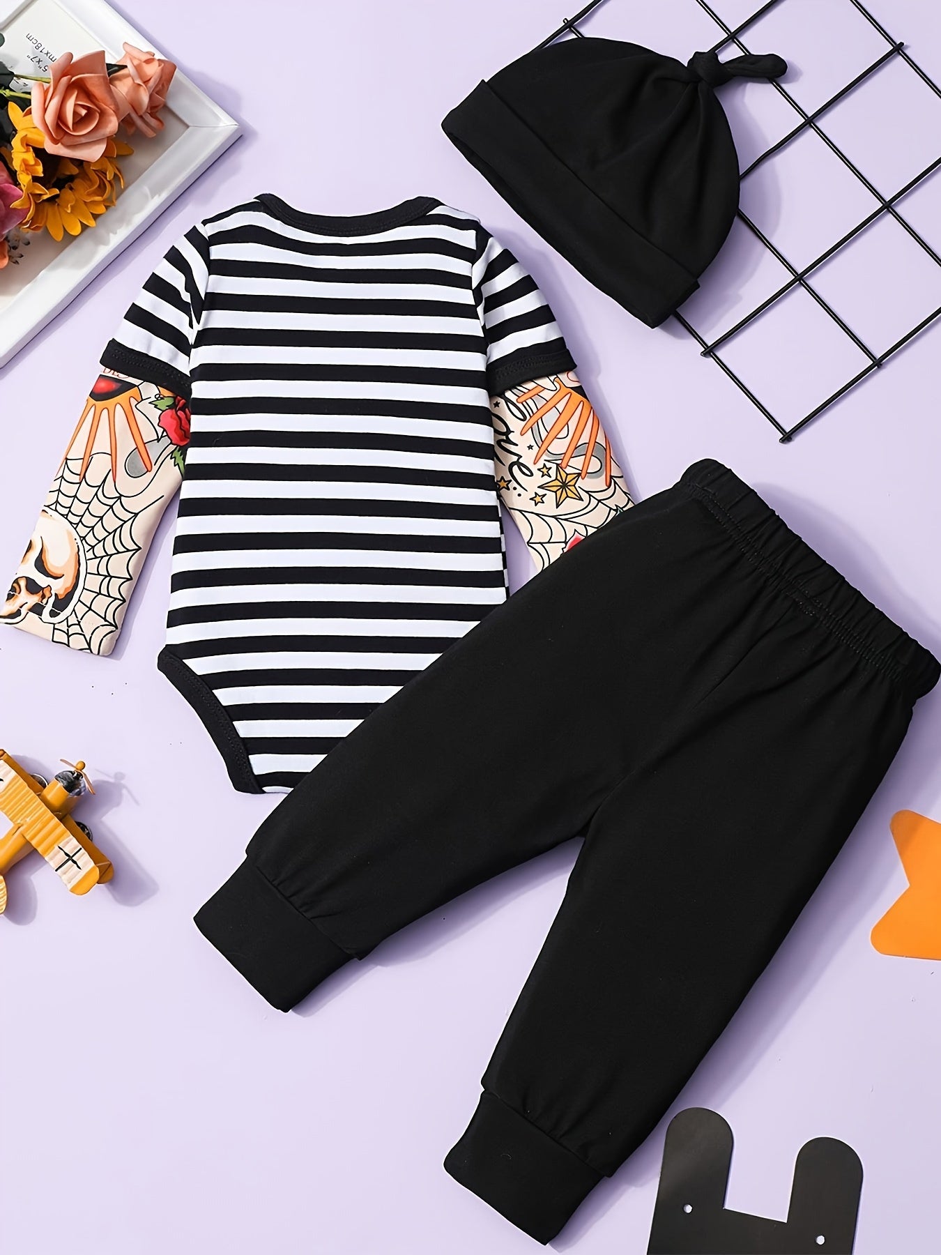 Newborn Baby Boy Tattoo Print Striped Romper Set With Black Pants Three Piece Outfit