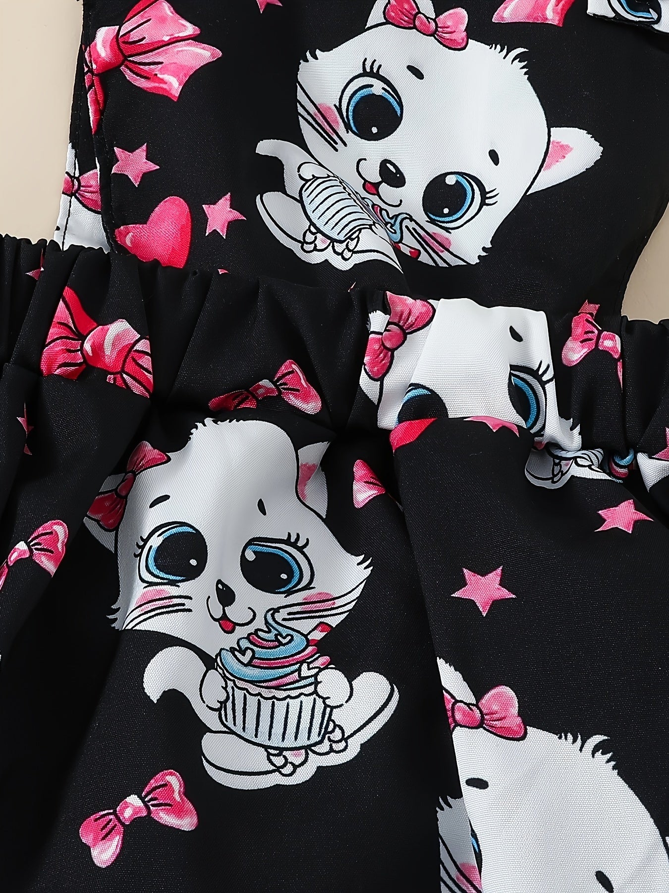 Adorable 3pcs Baby Girl's Outfit Set - Cute Cat & Heart Print Romper, Bowknot Suspender Skirt with Matching Bandana - Soft Cotton Blend for Summer, Perfect for Outdoor