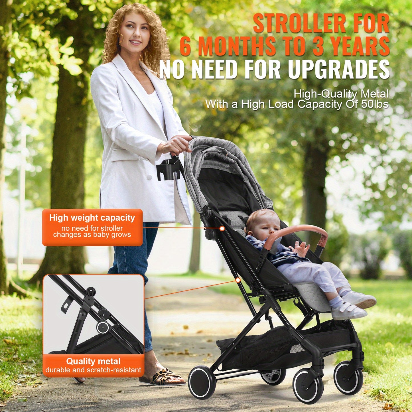 VEvor Dark Grey Standard Stroller - Adjustable Backrest & Footrest, One-Click Fold, Cup Holder - Carry Bag Included