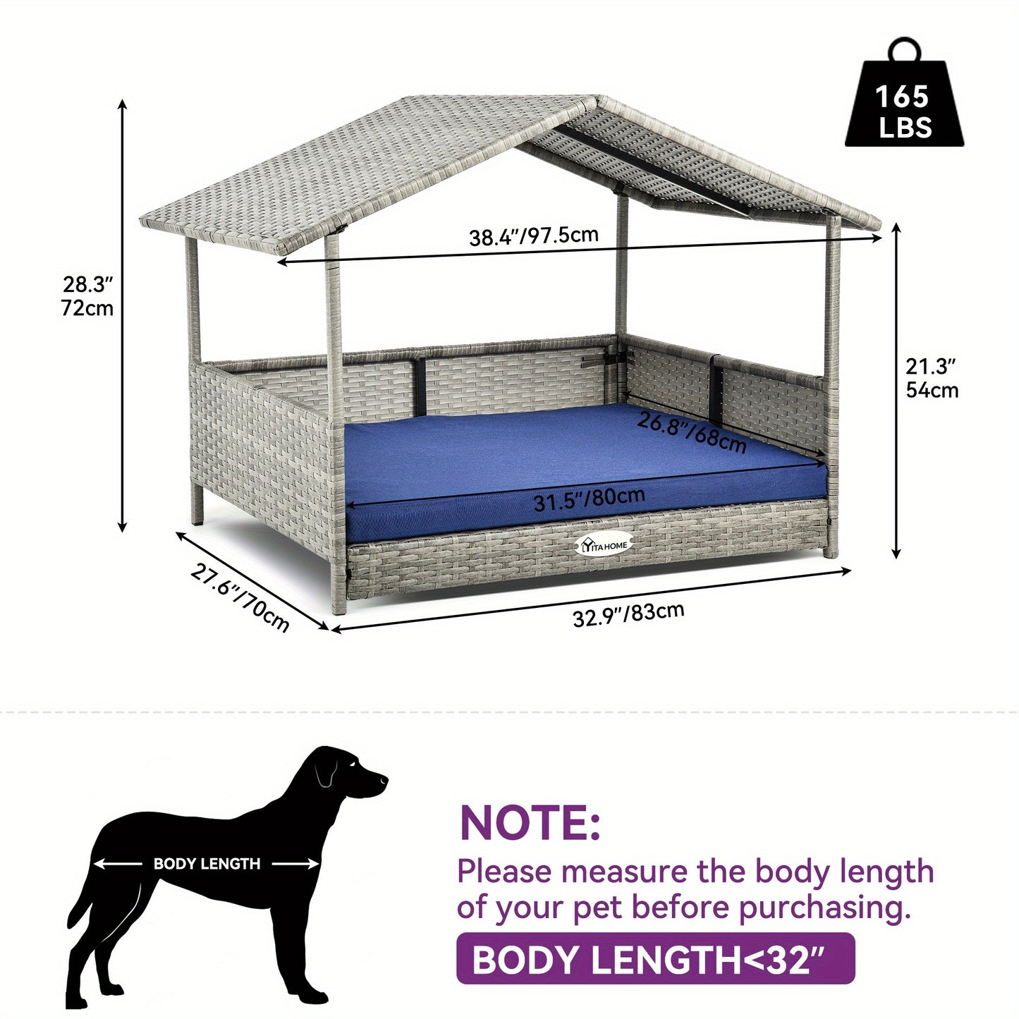 Large Wicker Dog House with Cushion Elevated Rattan Canopy for Indoor and Outdoor Use