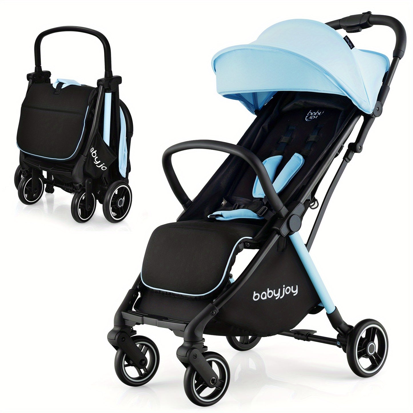 LIFEFZEAL One-Hand Fold Portable Stroller - Aluminum Frame, Adjustable Canopy, Shock-Absorbing Wheels - Available in Blue, Gray, Black, Pink