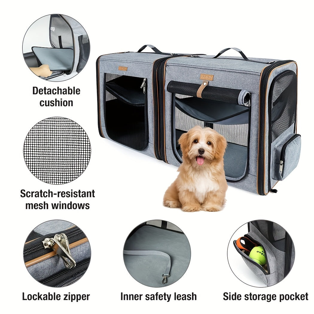 Double Cat Travel Carrier With Litter Box Medium Grey Pet Kennel For Dogs And Cats