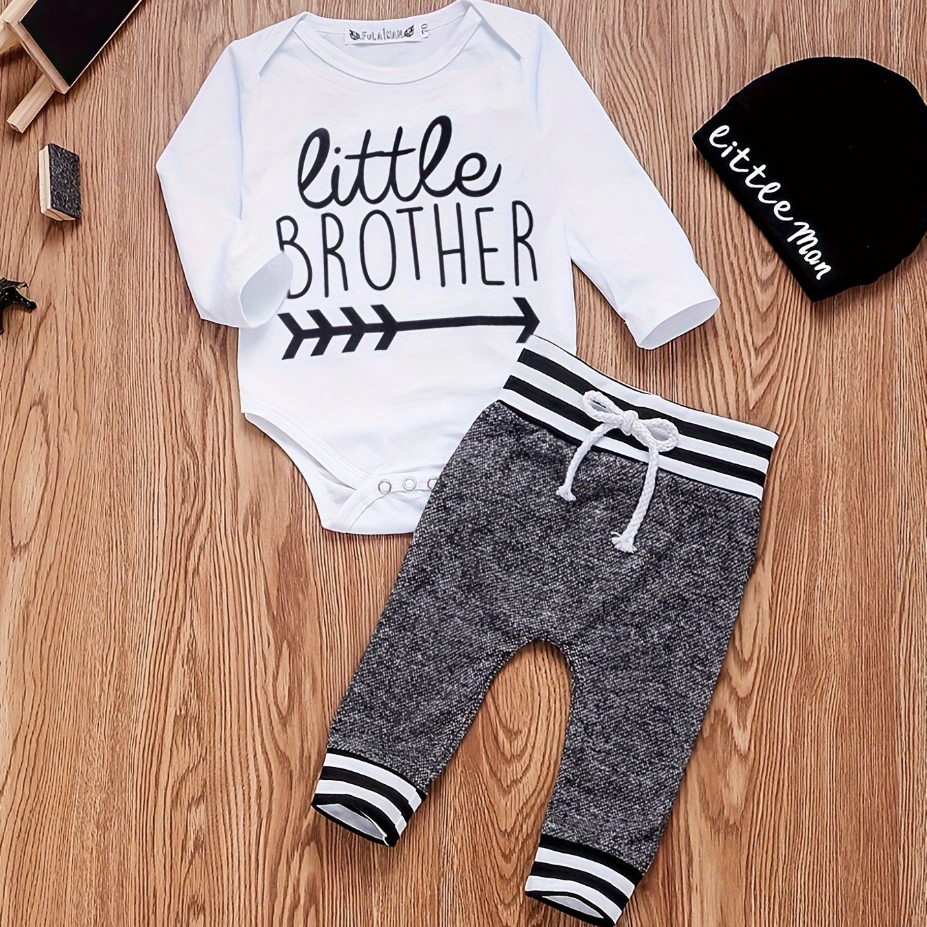 Baby Boys 3pcs Outfit Set Long Sleeve Romper Pants Beanie Hat for Outdoor Fun