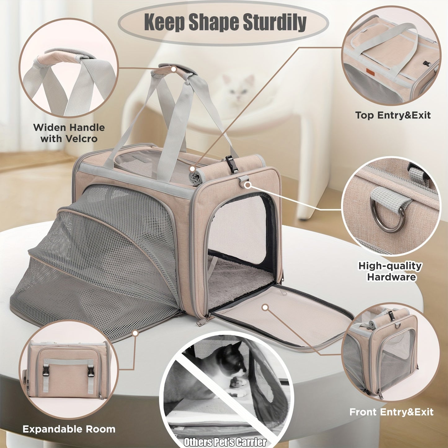 Airline Approved Expandable Soft Sided Pet Carrier for Cats Dogs and Bunnies in Khaki
