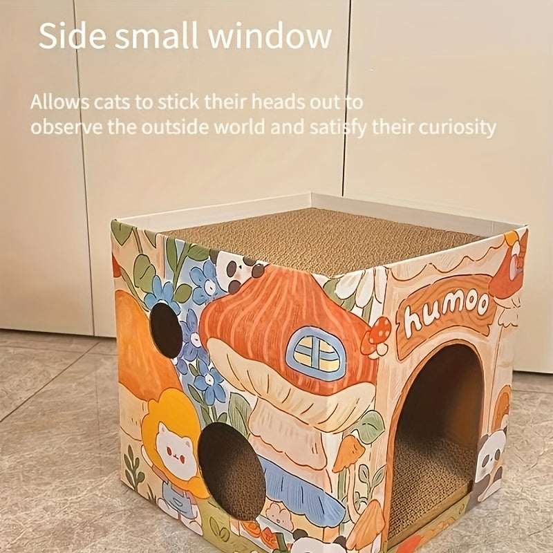 Double Layer Foldable Cat House 2 in 1 Corrugated Scratcher Bed with Castle Design