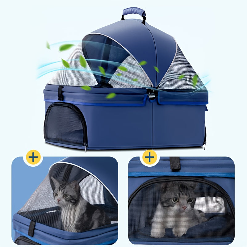 1pc Durable Pet Stroller for Small to Medium Dogs & Cats - Portable, Foldable with Metal Frame & Oxford Fabric, Blue & Black with Mesh Side Pocket, Carry Bag & Removable Tray for Travel, Dog Stroller