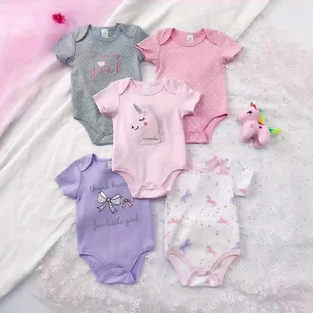 5 Piece Baby Girl Cartoon Triangle Onesies Set Crawling