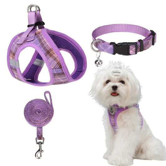 EXPAWLORER Classic Plaid Puppy Harness and Leash Set with AirTag Holder for Small Dogs